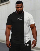 Men's Plus Size Casual Black & White Colorblock Chest Small Label Printed Short Sleeve T-Shirt Shorts Suit